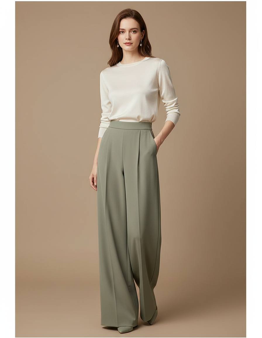 Pantalon Japonais Vert Ample Fluide Taille Haute Élégant - Kaki Polyester
