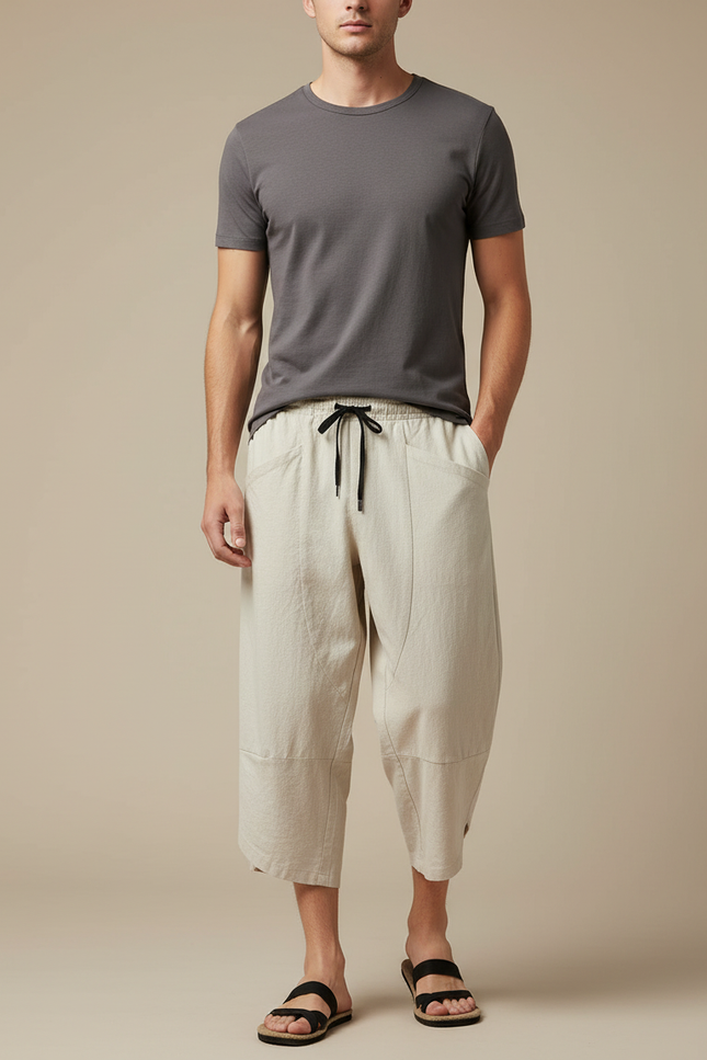 Pantalon Japonais Beige Coton Ample Cropped Homme