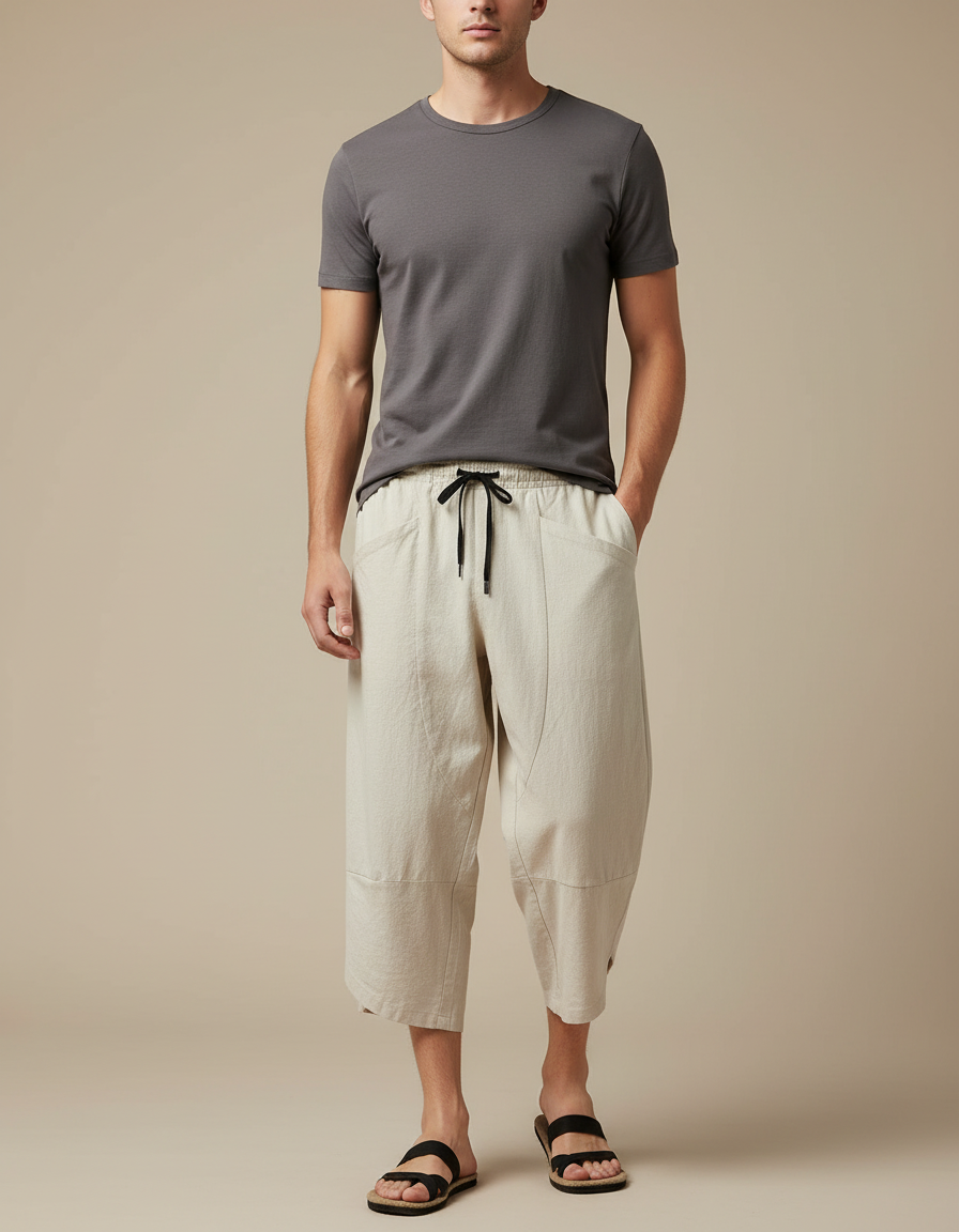 Pantalon Japonais Beige Coton Ample Cropped Homme