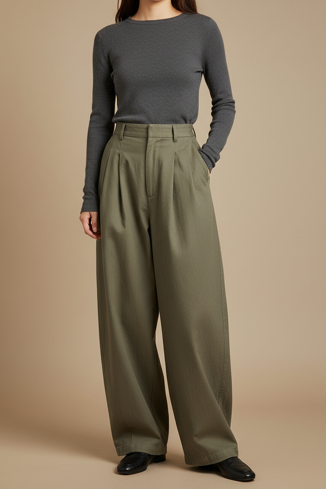 Pantalon Japonais Vert Kaki Ample Plissé Décontracté - Gabardine
