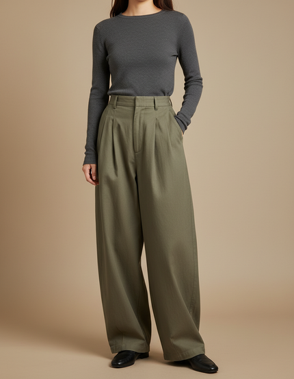 Pantalon Japonais Vert Kaki Ample Plissé Décontracté - Gabardine