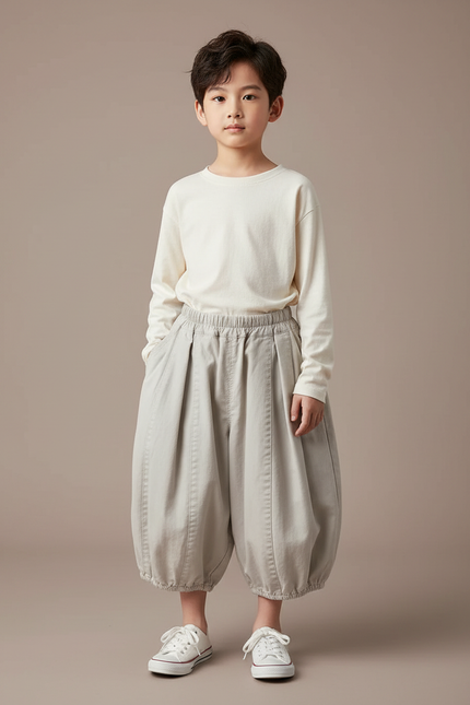 Pantalon Japonais Sarouel Ample Garçon Coton Gris Clair