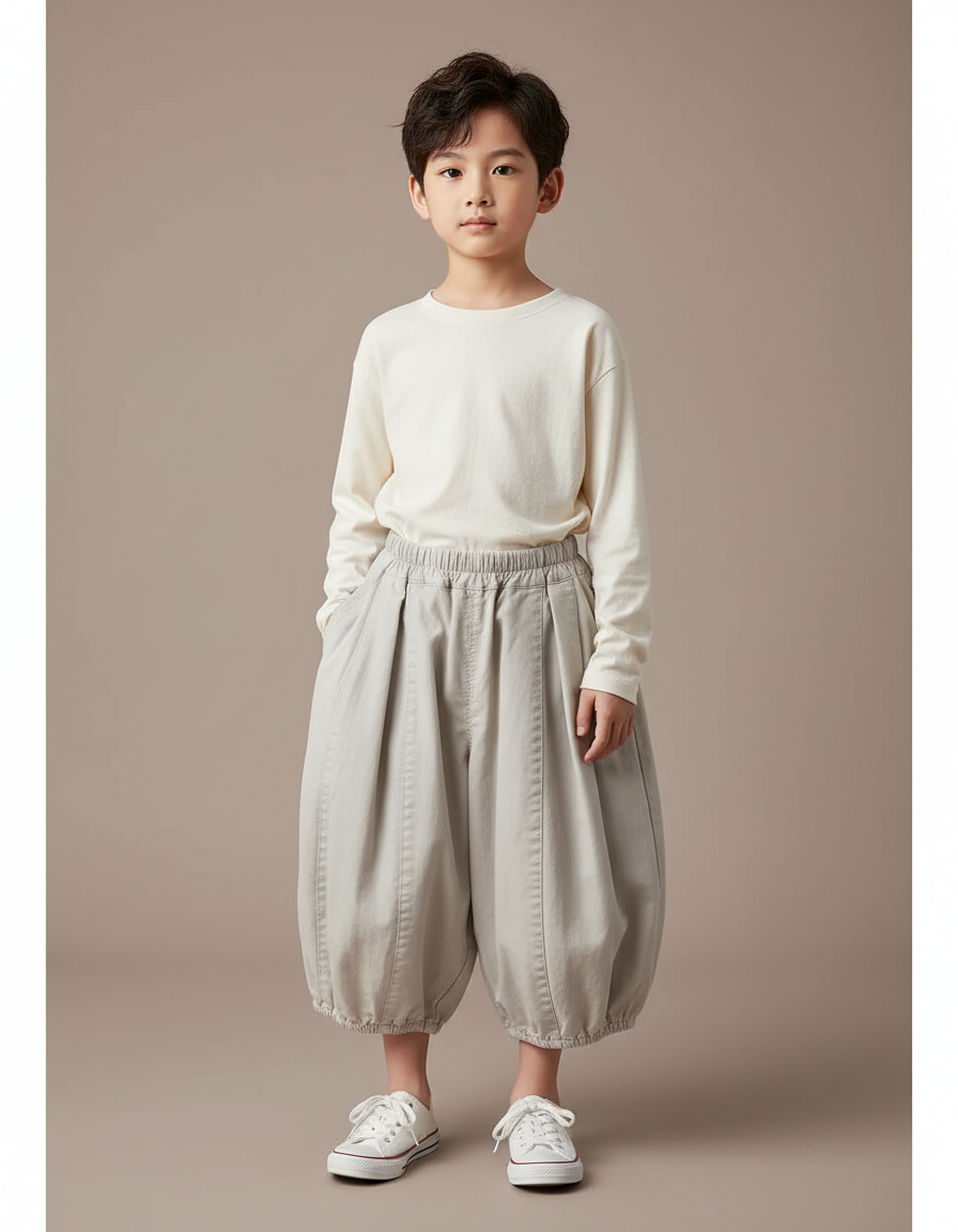 Pantalon Japonais Sarouel Ample Garçon Coton Gris Clair