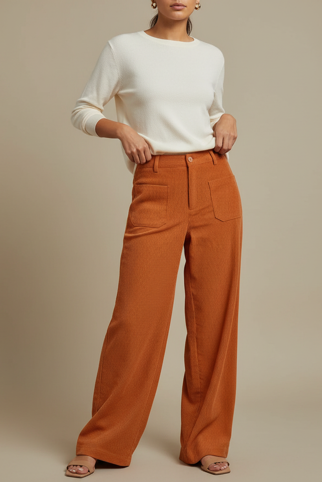 Pantalon Japonais Velours Côtelé Ample Évasé Orange Poches - Cordé