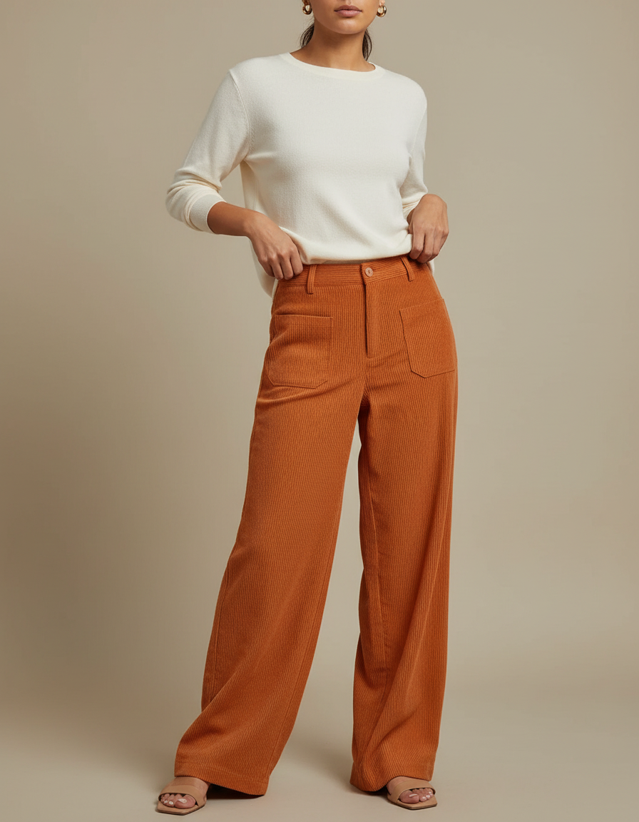 Pantalon Japonais Velours Côtelé Ample Évasé Orange Poches - Cordé
