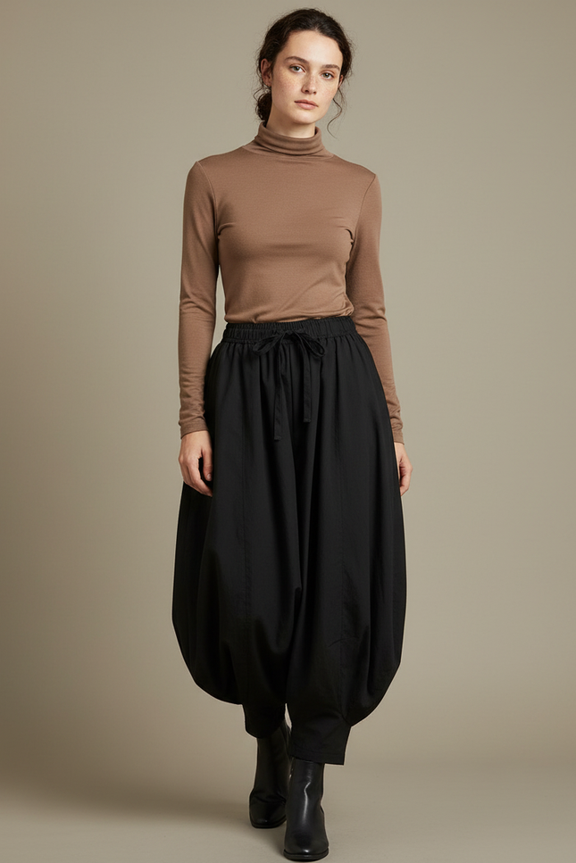 Pantalon Japonais Noir Bouffant Ample Coton Fluide Décontracté