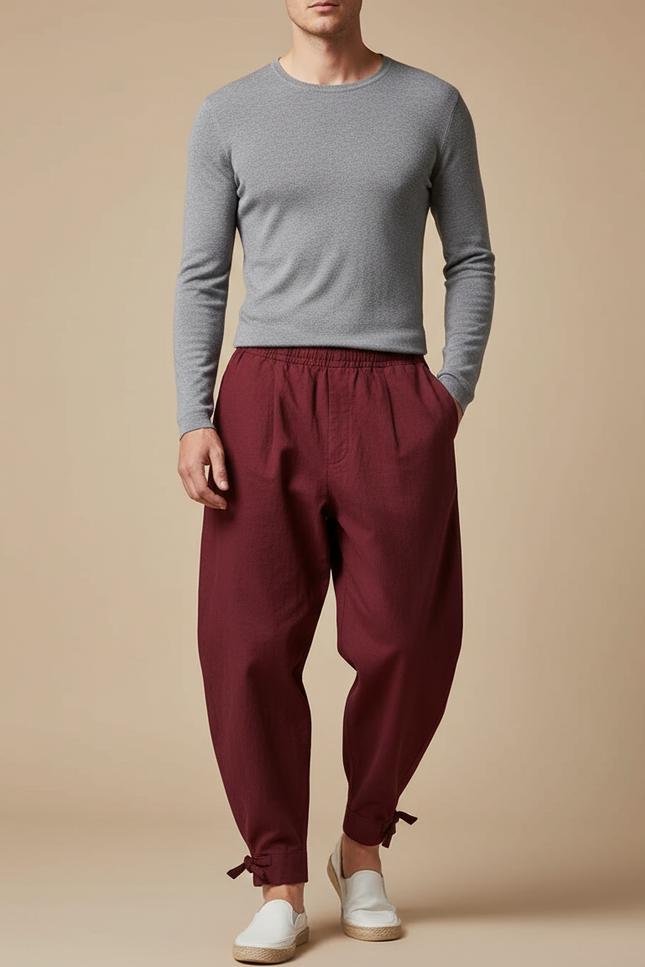 Pantalon Japonais Bordeaux Ample Coton Confortable Décontracté