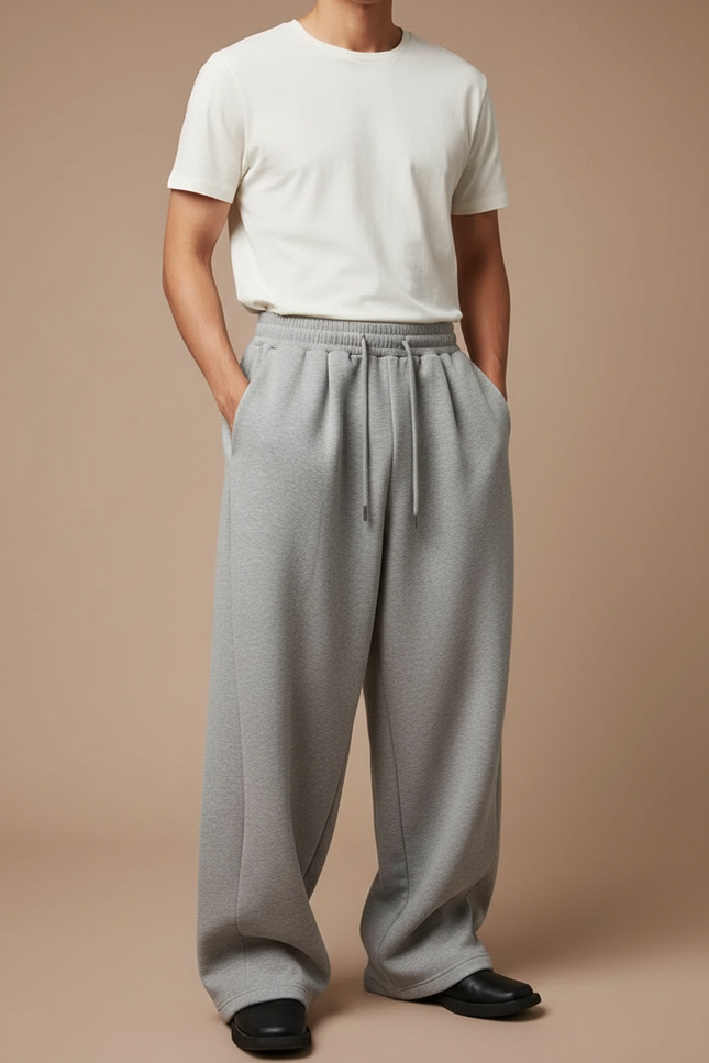 Pantalon Japonais Gris Ample Molleton Cordon Décontracté Homme