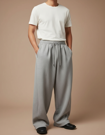 Pantalon Japonais Gris Ample Molleton Cordon Décontracté Homme