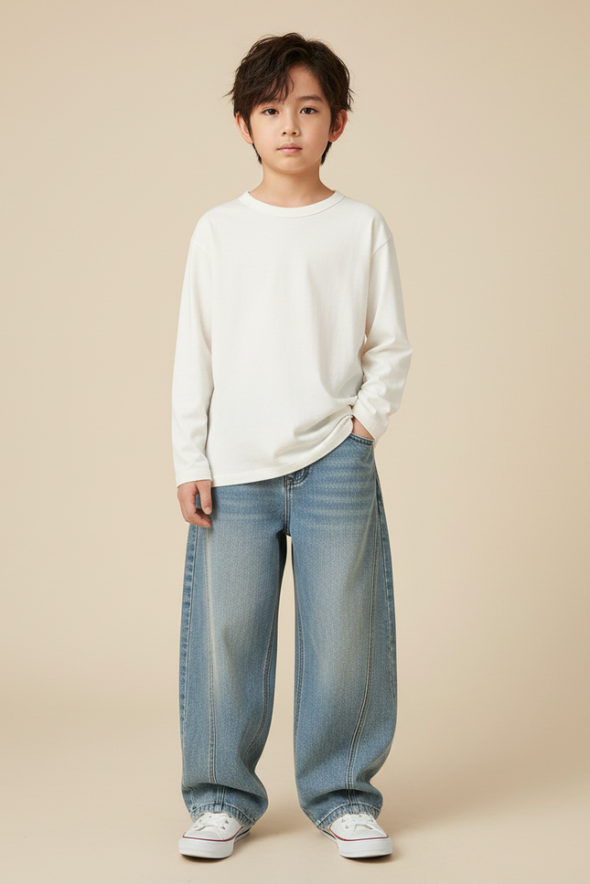 Pantalon Japonais Denim Ample Droit Décontracté Garçon - Bleu Jean