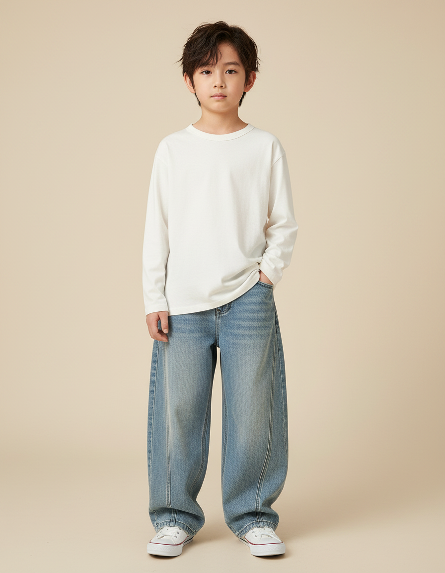 Pantalon Japonais Denim Ample Droit Décontracté Garçon - Bleu Jean