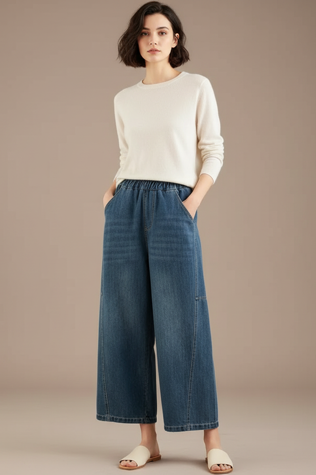 Pantalon Japonais Denim Ample Taille Haute Décontracté - Bleu Jean