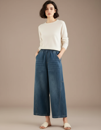 Pantalon Japonais Denim Ample Taille Haute Décontracté - Bleu Jean