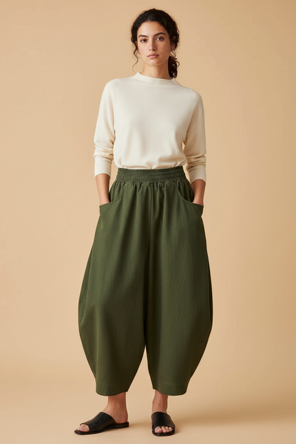 Pantalon Japonais Vert Ample Coton Confortable Harem