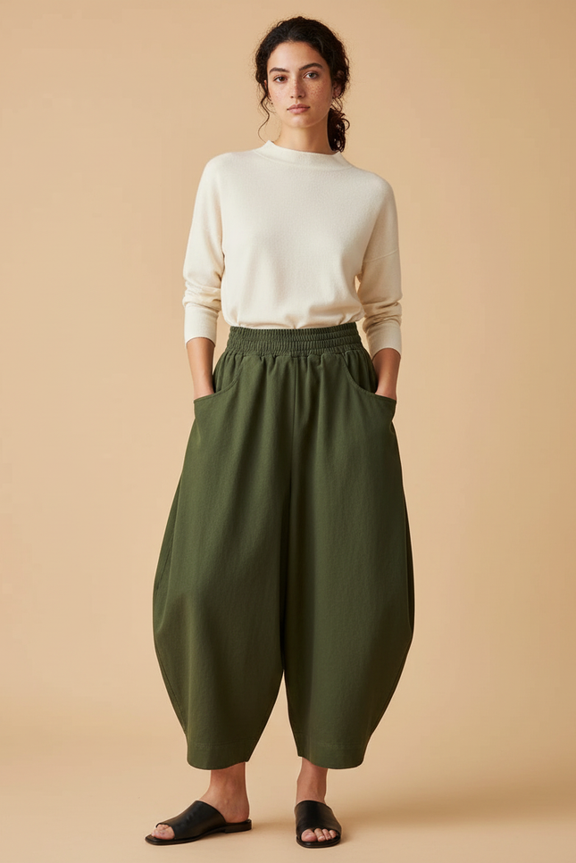 Pantalon Japonais Vert Ample Coton Confortable Harem