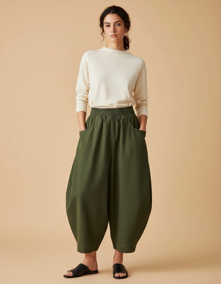 Pantalon Japonais Vert Ample Coton Confortable Harem