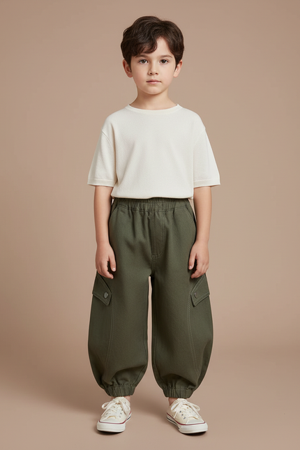 Pantalon Japonais Vert Ample Cargo Coton Enfant - Kaki