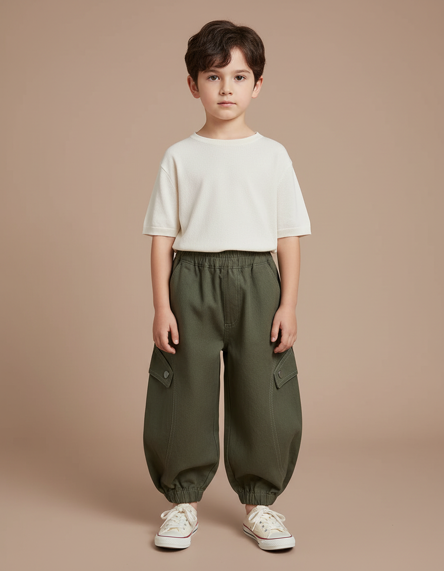 Pantalon Japonais Vert Ample Cargo Coton Enfant - Kaki