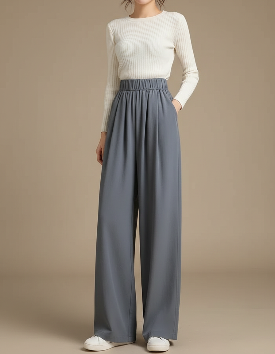 Pantalon Japonais Gris Ample Droit Fluide Femme - Viscose