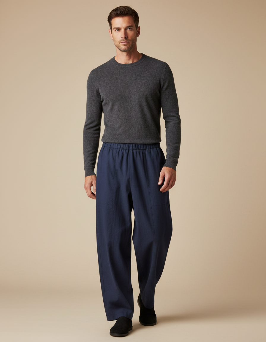 Pantalon Japonais Bleu Marine Ample Coton Homme Confortable