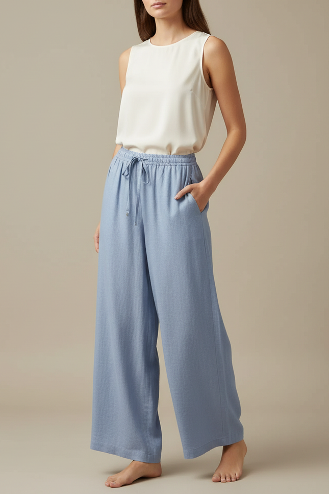Pantalon Japonais Lin Ample Bleu Décontracté Fluide