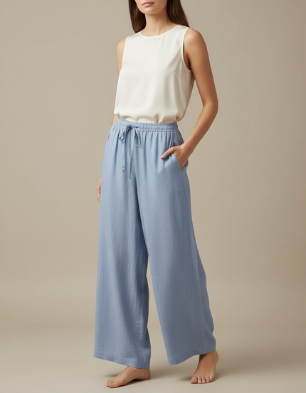 Pantalon Japonais Lin Ample Bleu Décontracté Fluide