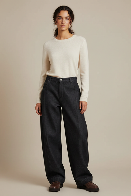 Pantalon Japonais Denim Ample Taille Haute Noir - Jean