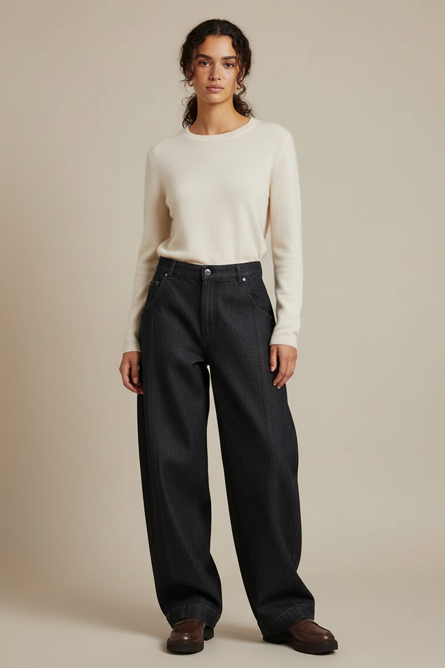 Pantalon Japonais Denim Ample Taille Haute Noir - Jean