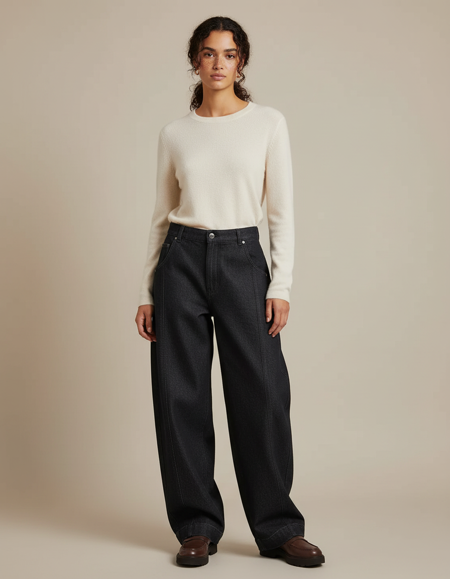 Pantalon Japonais Denim Ample Taille Haute Noir - Jean
