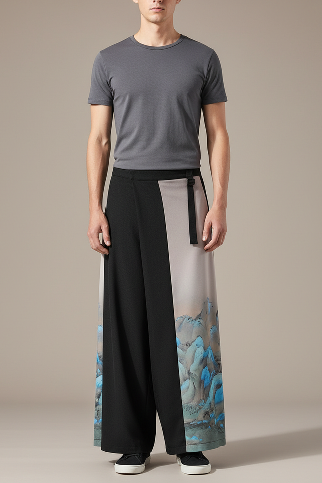 Pantalon Japonais Ample Noir Imprimé Asymétrique Fluide - Viscose