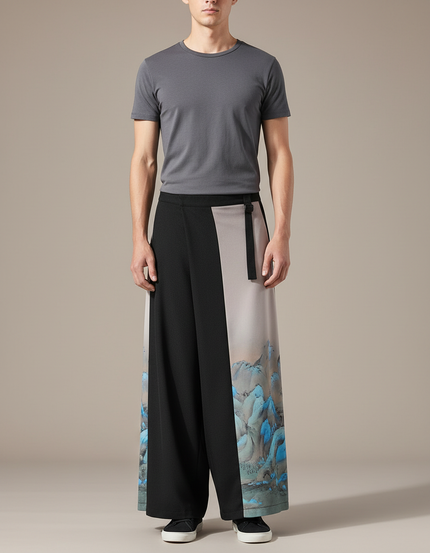 Pantalon Japonais Ample Noir Imprimé Asymétrique Fluide - Viscose