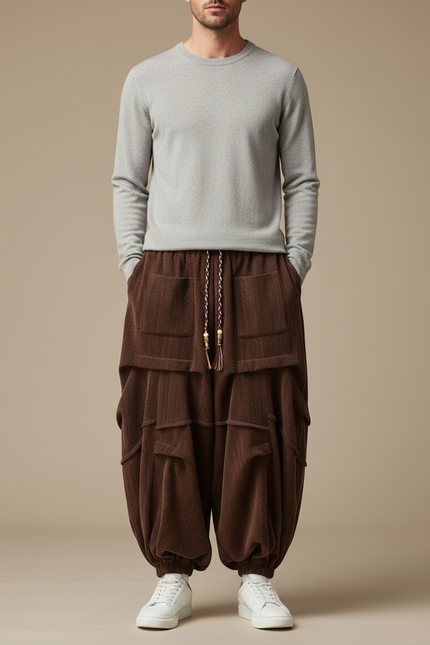 Pantalon Japonais Velours Côtelé Marron Ample Plissé Harem - Cordé