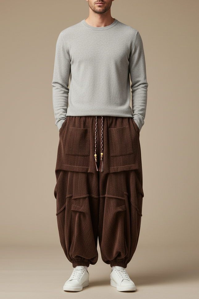 Pantalon Japonais Velours Côtelé Marron Ample Plissé Harem - Cordé