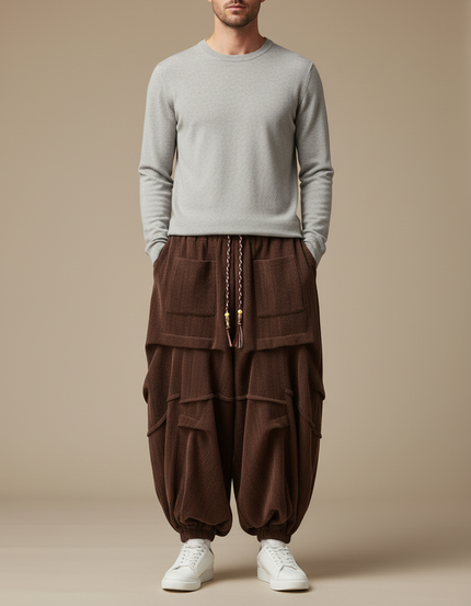 Pantalon Japonais Velours Côtelé Marron Ample Plissé Harem - Cordé