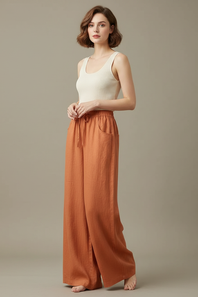 Pantalon Japonais Lin Ample Orange Fluide Femme