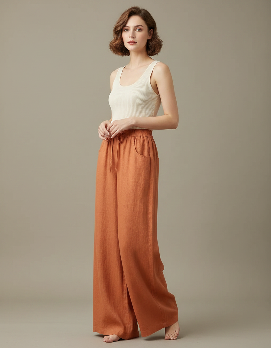 Pantalon Japonais Lin Ample Orange Fluide Femme