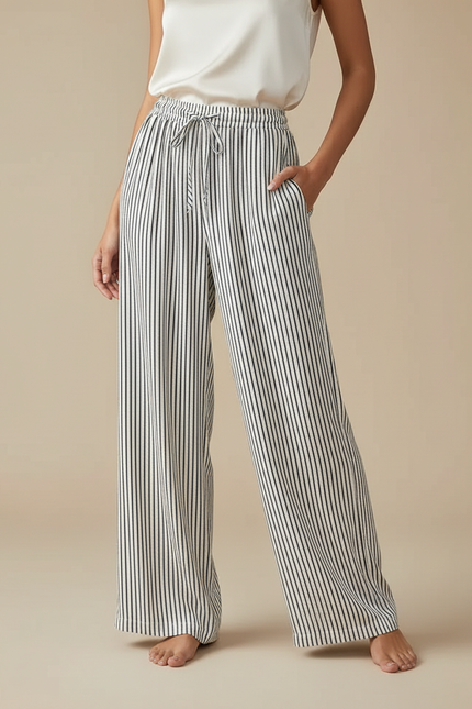 Pantalon Japonais Rayé Fluide Ample Cordon Décontracté - Imprimé Viscose