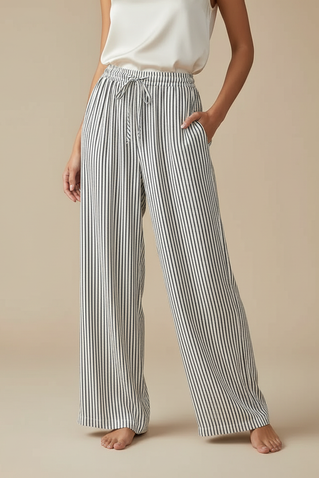Pantalon Japonais Rayé Fluide Ample Cordon Décontracté - Imprimé Viscose