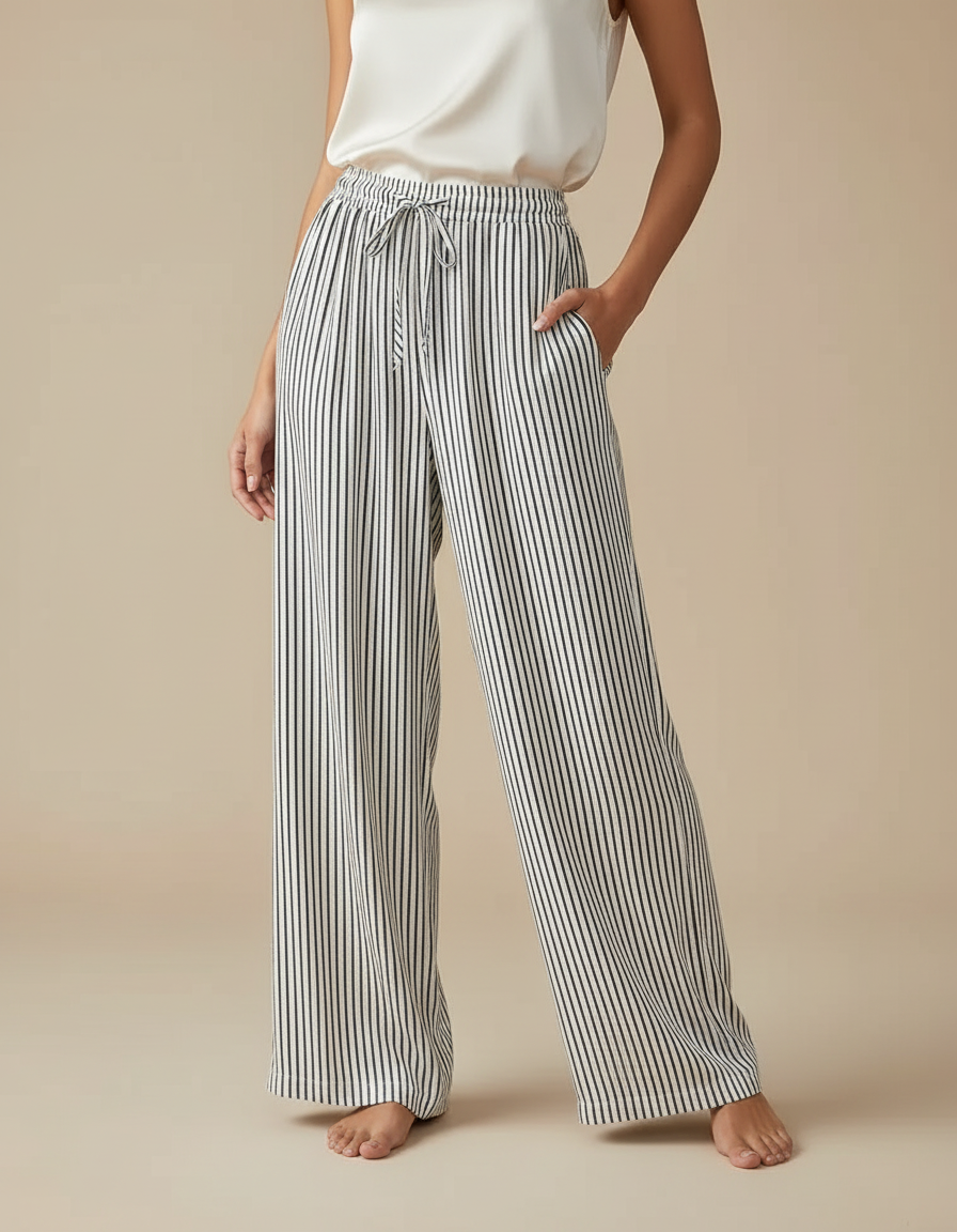Pantalon Japonais Rayé Fluide Ample Cordon Décontracté - Imprimé Viscose