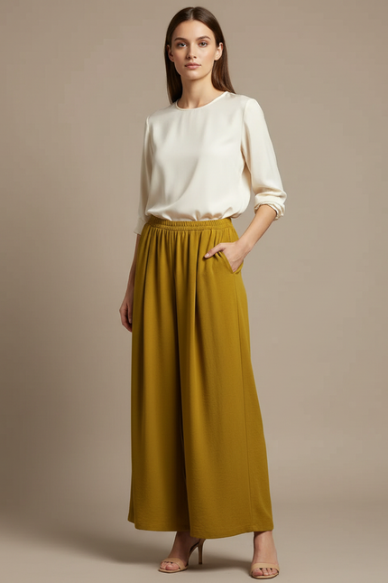 Pantalon Japonais Fluide Ample Jaune Moutarde Femme - Viscose
