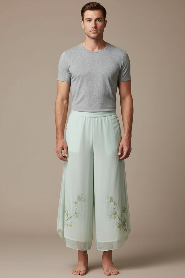 Pantalon Japonais Vert Ample Chiffon Brodé Léger - Soie