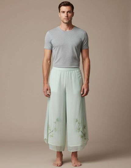 Pantalon Japonais Vert Ample Chiffon Brodé Léger - Soie
