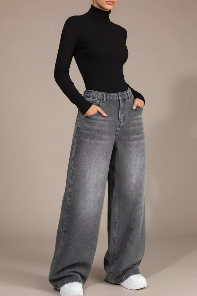 Pantalon Japonais Denim Gris Ample Décontracté Femme - Jean