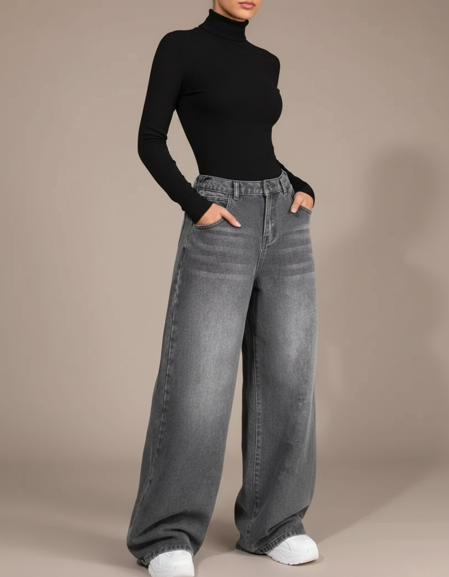 Pantalon Japonais Denim Gris Ample Décontracté Femme - Jean