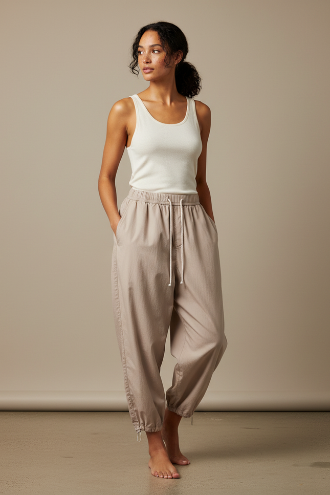 Pantalon Japonais Beige Ample Coton Décontracté Sport