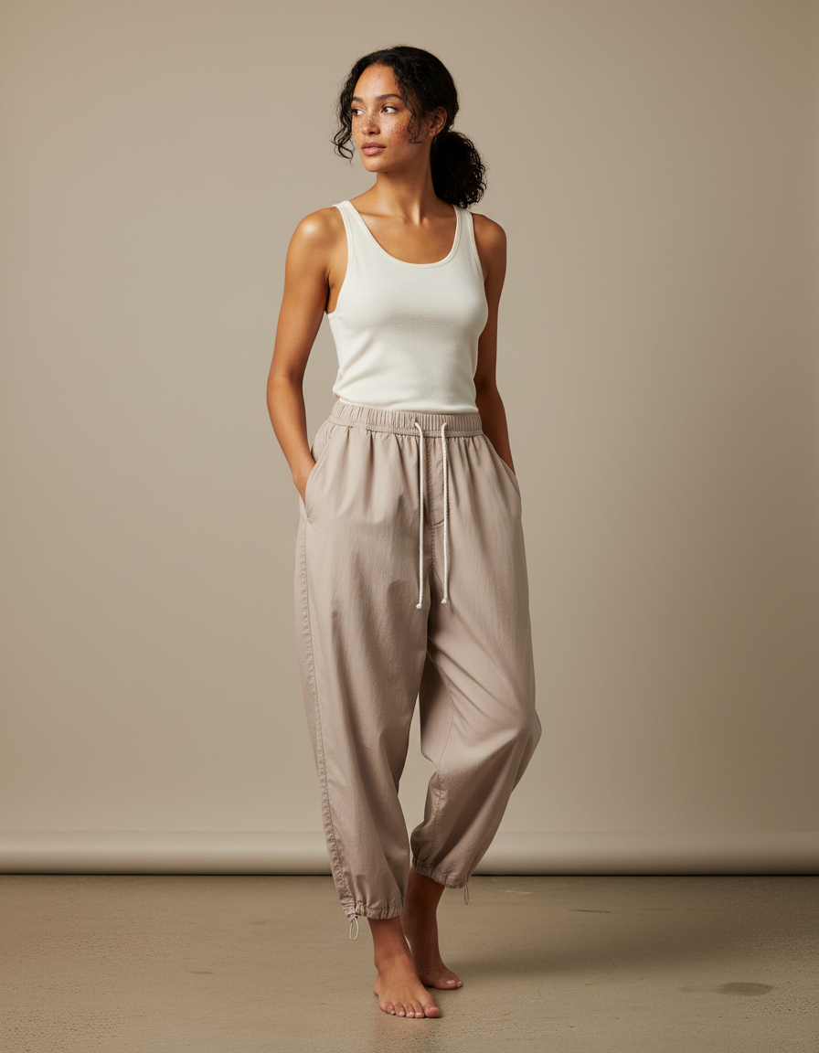 Pantalon Japonais Beige Ample Coton Décontracté Sport