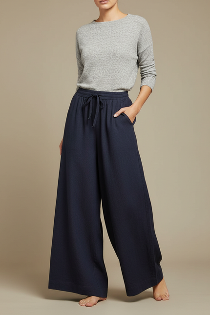 Pantalon Japonais Bleu Marine Ample Lin Fluide