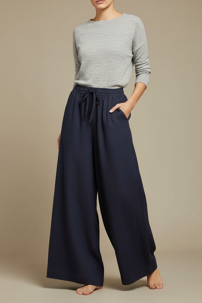 Pantalon Japonais Bleu Marine Ample Lin Fluide