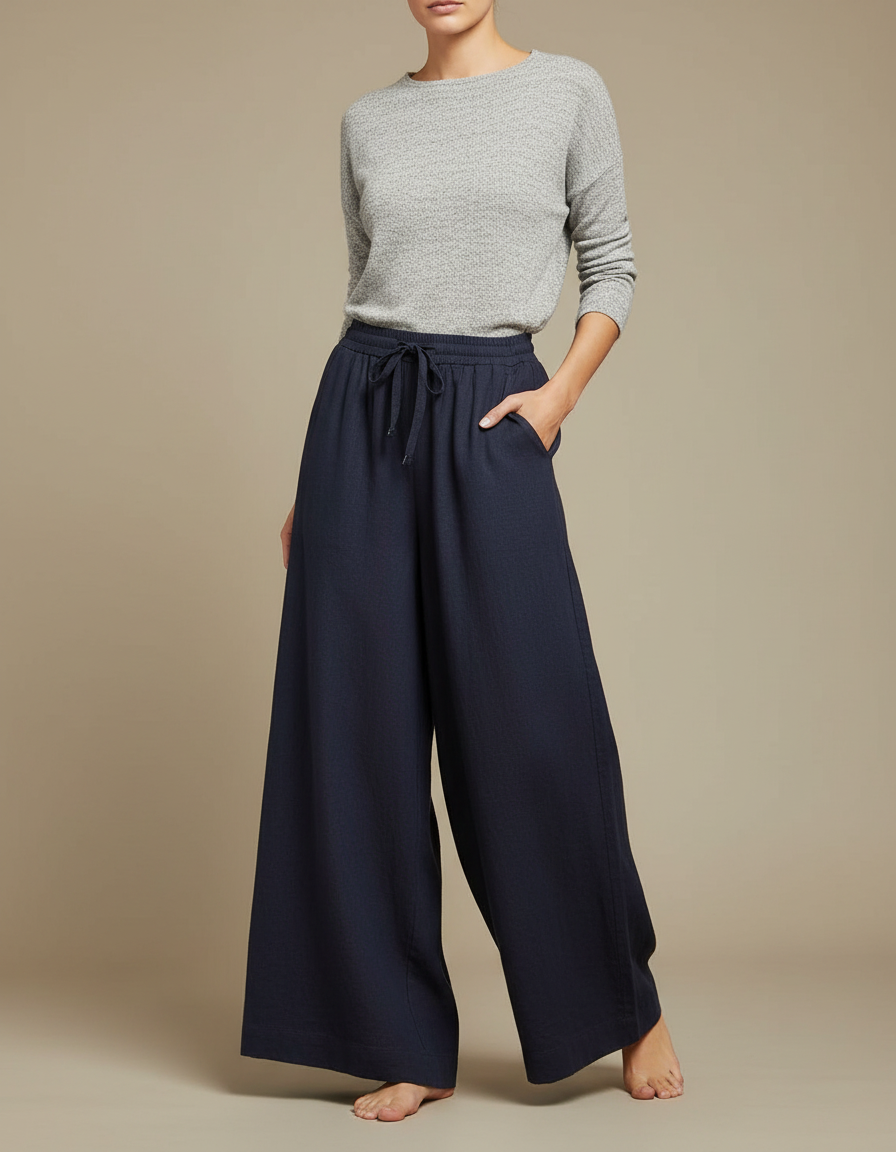 Pantalon Japonais Bleu Marine Ample Lin Fluide