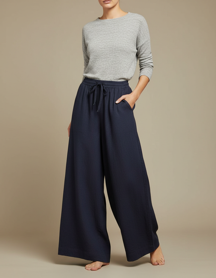 Pantalon Japonais Bleu Marine Ample Lin Fluide